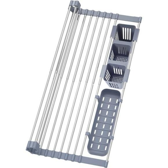 expandable roll up dish drying rack over sink with storage baskets foldable stee - Picture 1 of 7